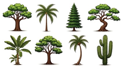 Flat of Various Green Trees and Plants Including Palm Banana Cactus and Deciduous Types foliage flat palm tree