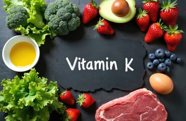 Assortment of foods rich in vitamin K are arranged on a dark slate surface. Ingredients include leafy greens broccoli avocado strawberries blueberries beef and an egg.