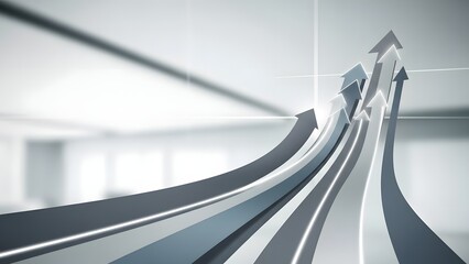 Abstract image showing multiple gray and white arrows rising sharply against a bright, blurred office background symbolizing growth and progress