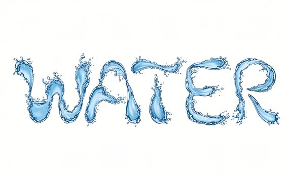 Liquid water is manipulated to form the letters spelling out the word WATER against a white background.