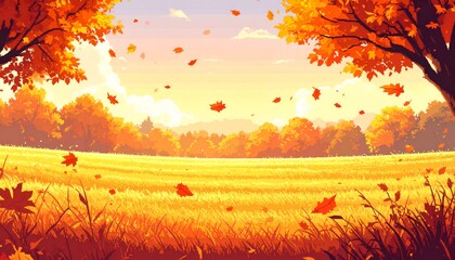 A serene autumn landscape with vibrant orange leaves falling amidst golden fields at sunset