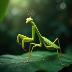 Green praying mantis rests on large leaf. Insect has long body, prominent eyes, and bent forelegs. Its body features segmented texture and thin antennae.
