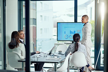 Monitor, teaching and presentation with business man in office for planning, stakeholder pitch or...