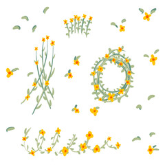 Obraz premium Hand drawn floral wreath and wildflower elements. Minimal botanical illustration with leaves and yellow flowers, perfect for spring design, wedding decor, invitations, posters and 