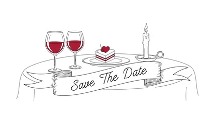 Romantic dinner setup with wine glasses and cake on a decorated table for a special date