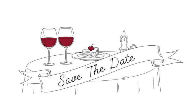 Romantic dinner setting with wine glasses, cake, and Save The Date banner on a table - Powered by Adobe