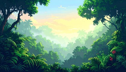 Fototapeta premium A vibrant digital depiction of a dense jungle with rich foliage and a softly lit sky