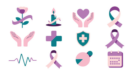 Obraz premium Hope and Awareness: A collection of symbolic icons, including ribbons and flowers, illustrating a theme of support, health, and awareness for a cause.