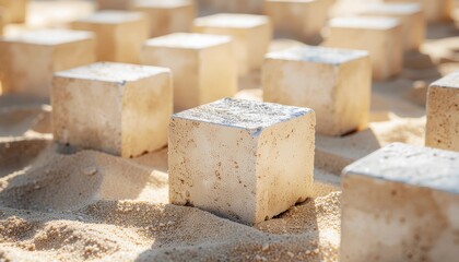 Stone cubes, a testament to enduring natural beauty and sustainable material, thoughtfully arranged on a sandy surface, reflecting minimalist design and architectural inspiration