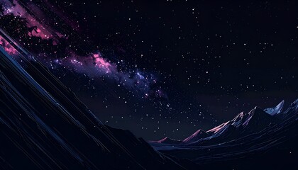 A serene night sky illuminated by stars, with a distant galaxy and dark mountains silhouetted