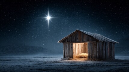 A rustic wooden stable glows from within under a starry night sky, with a bright star overhead