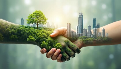 Two hands shake in agreement over a landscape of trees and skyscrapers. Greenery grows from the hands merging nature and urban development. Represents cooperation for a sustainable future city.