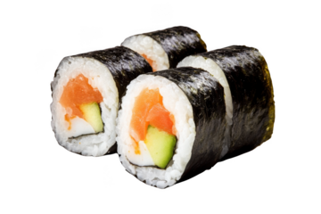 Delicious salmon sushi rolls with fresh cucumber and rice isolated on transparent background