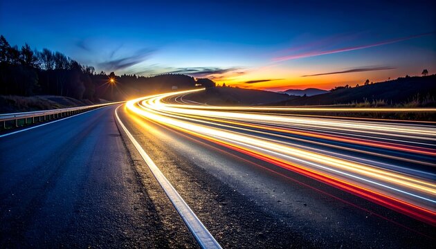 A winding road illuminated by streaks of light at dusk, showcasing a vibrant sunset sky - Powered by Adobe
