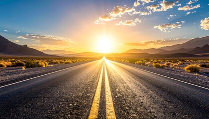 A serene road stretches toward the horizon with a vibrant sunset illuminating the landscape