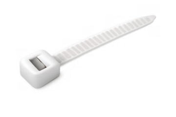 White plastic cable tie for securing wires and cables, a common electrical fastener and industrial binding tool