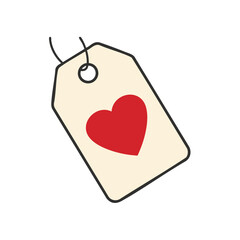 A tag with a heart on it is illustrated in a simple line art style on a white background