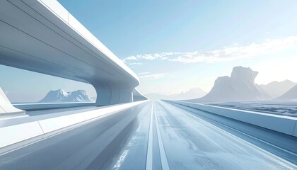 A futuristic highway with sleek architecture and distant mountains under a bright sky