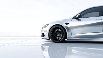 A sleek silver car positioned on a reflective surface with minimalistic background design