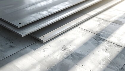 Close-up view of stacked metallic panels casting shadows on a textured concrete floor