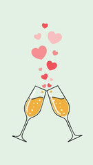 Valentine's Day Celebration with Clinking Glasses and Floating Hearts Illustration