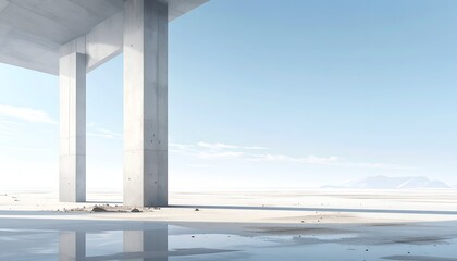 A minimalist scene with towering concrete pillars reflected on a vast, tranquil surface under blue skies