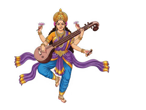 Goddess saraswati playing veena isolated on transparent background