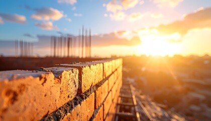 A close-up view of a brick structure against a vibrant sunset sky with construction elements visible