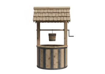 A traditional wooden well with a bucket hanging from a rope, symbolizing rural water source, isolated on transparent background