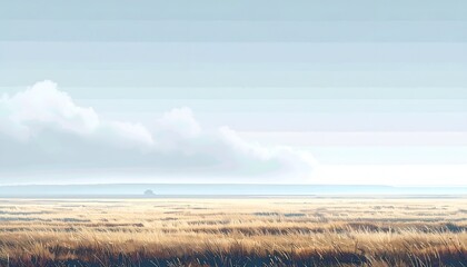 A serene landscape featuring soft clouds and golden fields stretching into the horizon