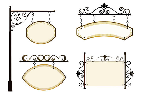 Four classic European shop lamp signs, flat vector style, 19th-century design.
