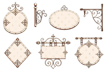 Vintage medieval sign collection hand-drawn ink style with ornate wrought iron.