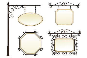 Vintage wrought-iron street sign set with rectangular, oval, hexagon, and shield shapes.