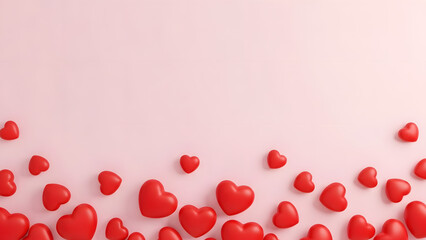 A collection of red hearts scattered across a soft pink background, creating a festive and romantic ambiance perfect for celebrations