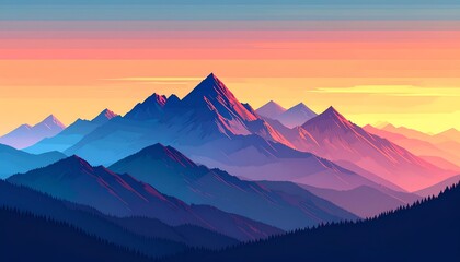 A serene depiction of layered mountains at sunset, showcasing vibrant gradients and shadows