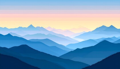 Fototapeta premium A serene landscape featuring layers of mountains in soft blue and pastel hues at sunset