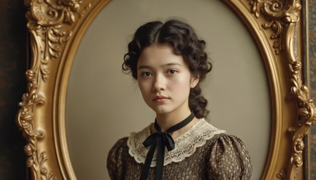 Young asian woman wears vintage dress and ornate frame. Delicate antique portraiture evokes old world elegance. Classic styling with soft curls and lace collar, captures timeless beauty.