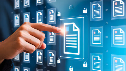Hand selects a digital document on a virtual screen, symbolizing secure information management, cloud storage, and efficient data access for modern business and technology