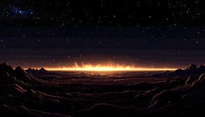 A vibrant horizon glows with orange and yellow hues, silhouetting distant mountains under a starry sky