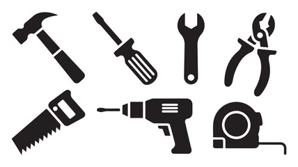 Obraz premium Set of carpentry tools in minimalist silhouette style with black color on white background for construction industry