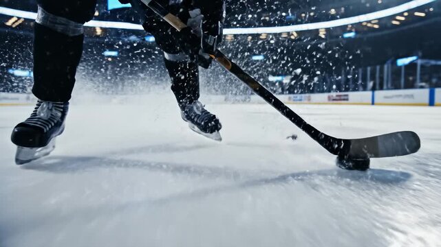 Hockey Player Slapshot Puck on Ice Rink, Slow Motion