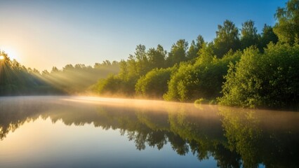 Obraz premium Tranquil lake scene with trees and sunlight reflection