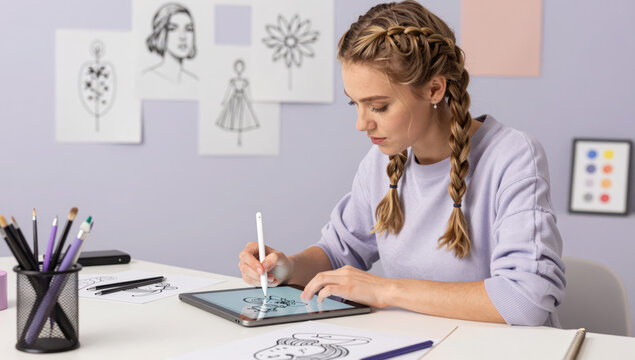 Young woman digital tablet drawing creative modern studio portrait artwork generative ai young woman pastel studio drawing creative portrait artwork digital tablet with stylus modern calm