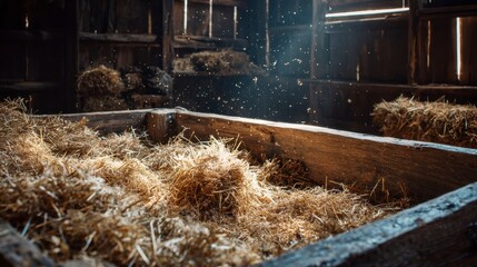 Inside a rustic wooden barn with hay and sunlight streaming through, creating a warm and textured environment