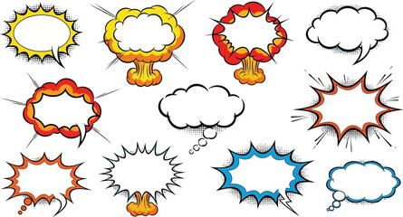 Collection of colorful cartoon comic speech bubbles with halftone shadows on white background © Sifaul