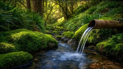 Water flowing from a pipe into a serene forest stream surrounded by lush greenery and mossy rocks