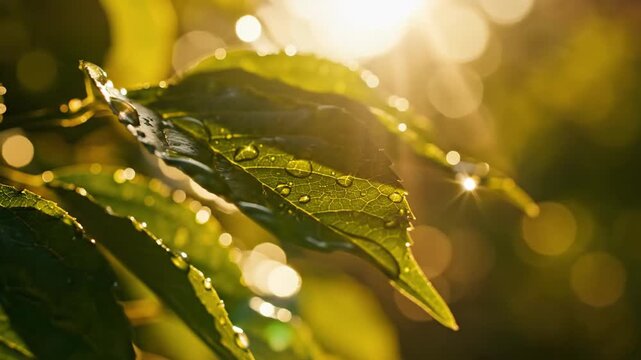 Dew Drops on Green Leaves with Sunlight.