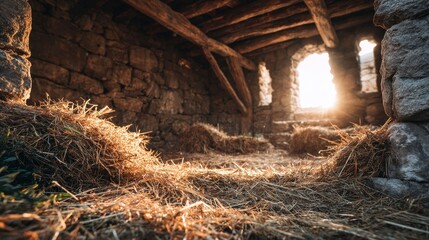 Interior view of an aged stone structure with sunlight streaming through arched openings, illuminating hay-covered ground and wooden beams