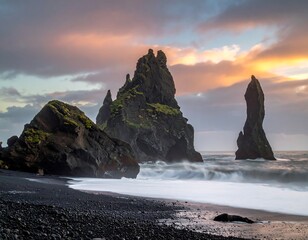 Dramatic seascape features towering rock formations, dark beach, and sky