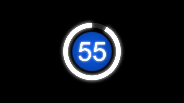 60 Second circular countdown animation from 60 to 0. 1 minute countdown timer with shrinking white circular frame.
